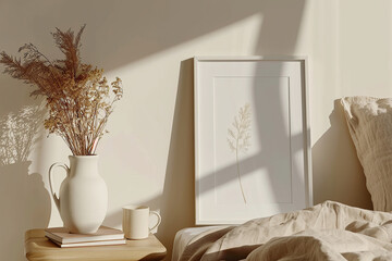 Mock up blank frame in Modern bedroom Stylish interior with mock up poster frame, coffee cups and pampas grass on bed