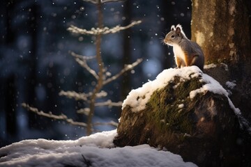 Cute forest squirrel in winter