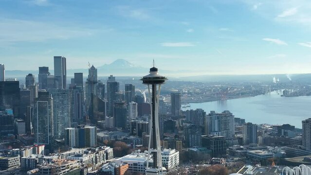 4K Aerial View of the skyline of Seattle with space needle and mount rainier