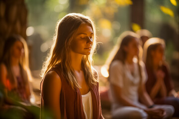 A tranquil group meditation session outdoors, with women focusing inward as sunlight filters through foliage - obrazy, fototapety, plakaty