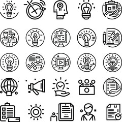 Vector set of creativity line icons. Contains icons idea, brainstorm, thought, quick tips, inspiration, teamwork and more