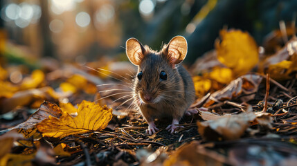 Adorable Field Mouse Sitting on Autumn Ground between Leaves
