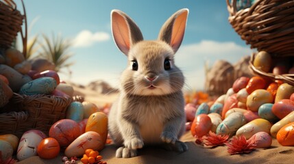 Fototapeta na wymiar cute bunny sitting in basket with colorful easter eggs on sandy beach.