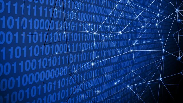 Artificial intelligence lines of binary code and connected lines in technology background, cyber security, and cyber attack for cybercrime algorithm and cyber warfare protection