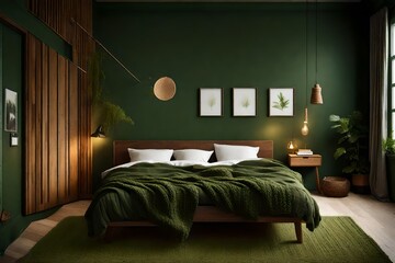 Earthy and inviting, a bedroom with deep forest green walls, wooden furniture, and cozy knit blankets