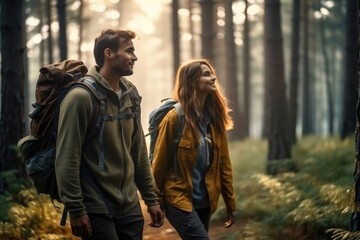 Fototapeta premium Happy young people friends backpackers walk along a path in a pine forest.
