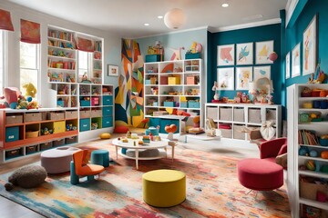 A playful and colorful playroom with a mix of vibrant hues, whimsical decor, and plenty of storage for toys