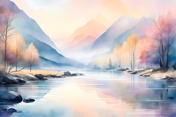 A tranquil watercolor landscape with a soft palette of pastel hues, a gently flowing river, and...