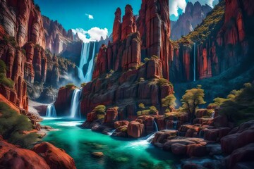 A surreal landscape with vibrant, swirling colors, towering rock formations, and a cascading...