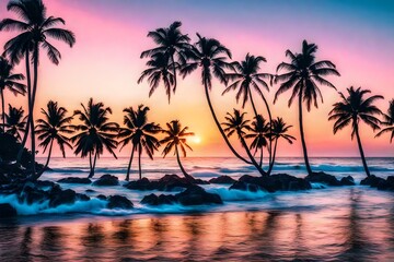 Fototapeta na wymiar A tranquil coastal landscape at sunset with pastel hues, silhouetted palm trees, and calm ocean waves, captured in 16K ultra HD resolution 