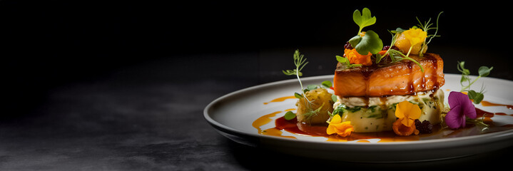 Gourmet glazed salmon fillet stacked on a bed of creamy mashed potatoes and garnished with delicate edible flowers, microgreens, and a drizzle of savory sauce