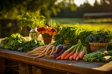 A bountiful display of fresh, colorful vegetables on a wooden table bathed in warm sunlight, symbolizing healthy eating or farm-to-table freshness