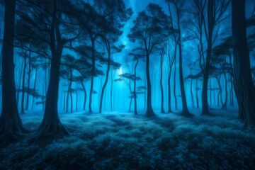 A surreal forest landscape with vibrant bioluminescent trees, a mystical fog, and a starry sky, captured in 16K ultra HD resolution with cinematic flair