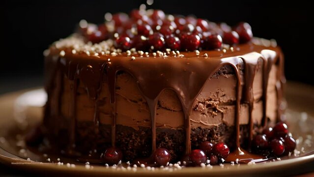 A closeup shot of a decadent chocolate mousse cake, topped with a sprinkle of crunchy chocolate pearls and drizzled with a rich chocolate sauce.