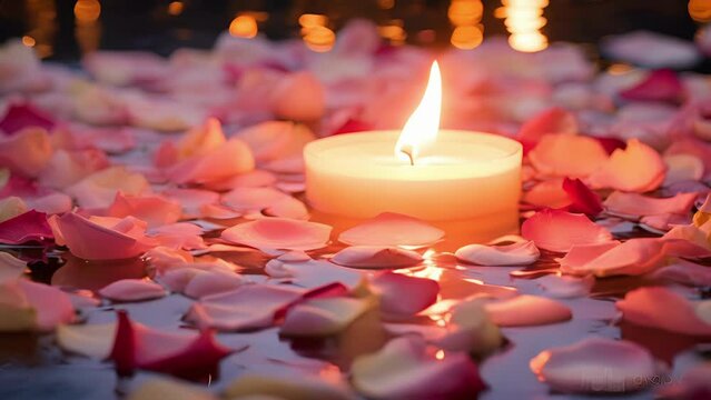 A solitary, white floating candle glows amidst a charming pool filled with fragrant rose petals, creating a dreamy and atmosphere.