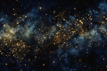 abstract blue and gold background with particles. golden dust light sparkle and star shape on dark endless space wallpaper. Christmas, new year's eve, cosmos theme. Shiny fantasy galaxy concept - obrazy, fototapety, plakaty