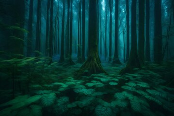 Fototapeta premium A dense, otherworldly forest with towering trees entwined with bioluminescent plants, casting an ethereal glow. 