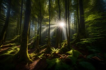 Sunlight filtering through a dense forest canopy, illuminating a vibrant array of wild mushrooms