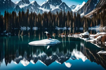 Tableaux sur verre Réflexion A crystal-clear lake reflecting the snow-capped peaks of a remote mountain range, with a solitary eagle soaring overhead.
