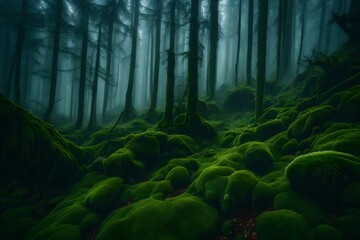 A dense fog rolling over a serene, moss-covered forest, creating an otherworldly and mysterious...