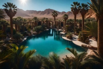 A hidden oasis nestled in a vast desert, with lush palm trees, a shimmering pool of water, and...
