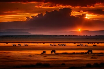 Fototapeta na wymiar A dramatic, fiery sunset over a vast open plain, with silhouetted animals grazing peacefully in the foreground.