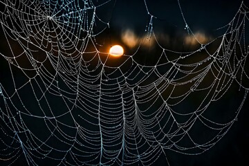 A dew-kissed spider web glistening in the first light of dawn, capturing each delicate strand
