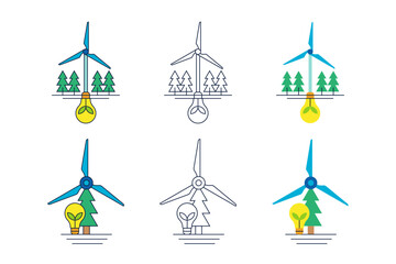 Creative Eco Friendly Energy Illustration of Light Bulb, Tree and Windmill Energy Turbine Icon Set