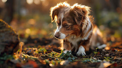 Little Cute Puppy Looking Intently at Something in the Forest