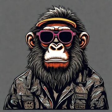 A crazy-looking ape gorilla character animal with reflective sunglasses, very detailed vector style  illustration with vintage 1980s colors