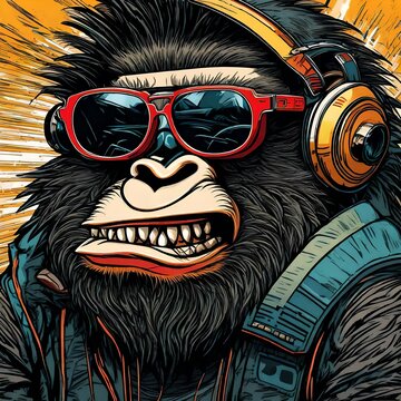 A crazy-looking ape gorilla character animal with reflective sunglasses, very detailed vector style  illustration with vintage 1980s colors