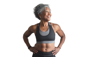 A smiling elderly woman in gym clothes no background