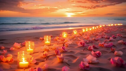 A breathtaking view of a beach pathway enveloped in soft candlelight from lanterns and sprinkled with vibrant flower petals, setting the perfect scene for a romantic evening by the sea.