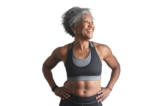 A smiling elderly woman in gym clothes no background