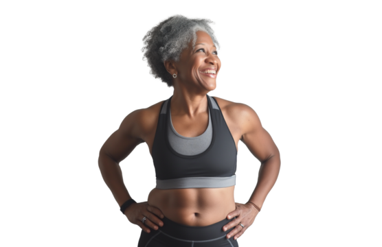 A smiling elderly woman in gym clothes no background