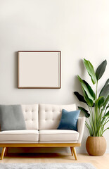 Modern living room with sofa, houseplant, and blank mockup poster frame
