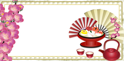 ひな祭りのてまり寿司と桃の花に扇子の背景素材