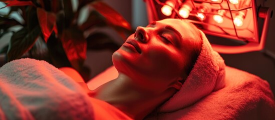 Woman receiving LED light therapy for skin cleansing and anti-aging at a spa resort.