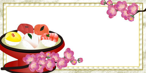 ひな祭りのてまり寿司と桃の花の背景素材