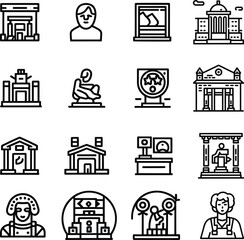 Black and white Simple Set of Museum Related Vector Line Icons. Contains such Icons as Tourist Group, Sculpture, Art Gallery and more