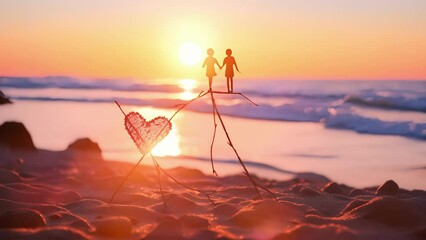 Against the backdrop of a romantic sunset, a stick figure heart has been created out of tiny starfish, a simple yet powerful representation of love and nature.