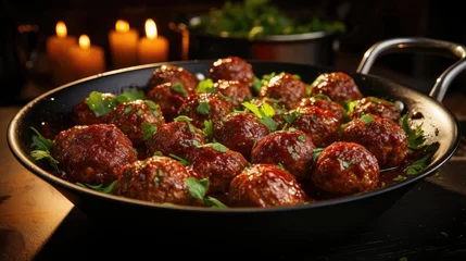 Fotobehang meatballs with melted tomato sauce on a bowl with a black and blur background © GradPlanet