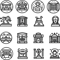 Black and white Simple Set of Museum Related Vector Line Icons. Contains such Icons as Tourist Group, Sculpture, Art Gallery and more