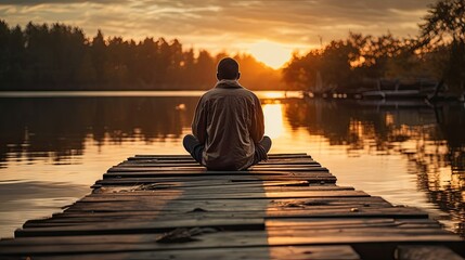Silhouette of a man sitting with his back on the end of a bridge on a lake in the evening.