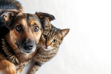 Cute dog and cat looking up on white background.