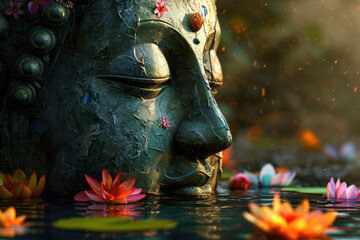 Fototapeta premium glowing jade golden Buddha face with colorful flowers, nature background, lotuses, heaven light