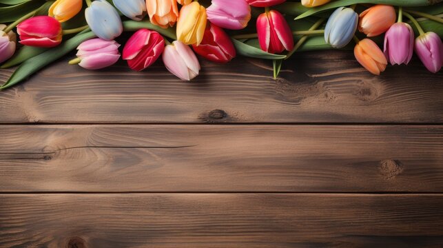 Tulips And Painted Eggs On Vintage Wooden Plank With Free Space