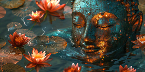 Obraz na płótnie Canvas glowing jade golden Buddha face with colorful flowers, nature background, lotuses, heaven light