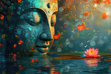 glowing jade golden Buddha face with colorful flowers, nature background, lotuses, heaven light