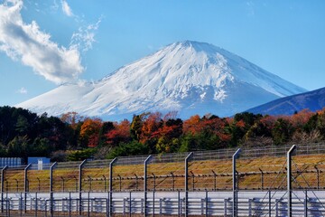 View of iconic snowcapped Mount Fuji. Fuji-san in Yamanashi and Shizuoka prefectures of central...